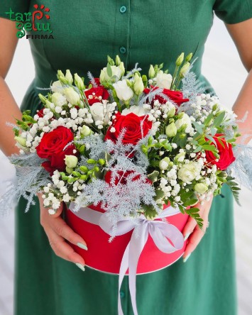 Box of red roses and eustomas